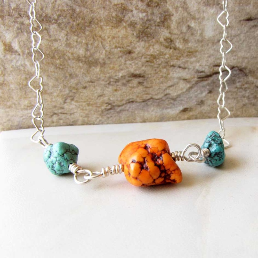 Handmade Orange Turquoise Sterling Silver Necklace